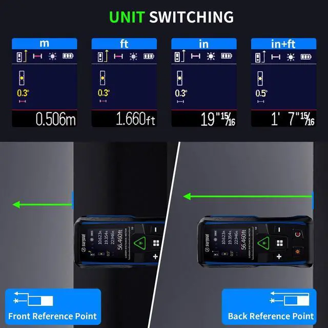 Alt view image 7 of 7 - Green Laser Distance Meter Digital Laser Measure with Angle Sensor, 4-Way Rotating Backlit LCD, Pythagorean Mode, Unit Switch, ±3mm Accuracy, Handheld Measuring Tool 165FT