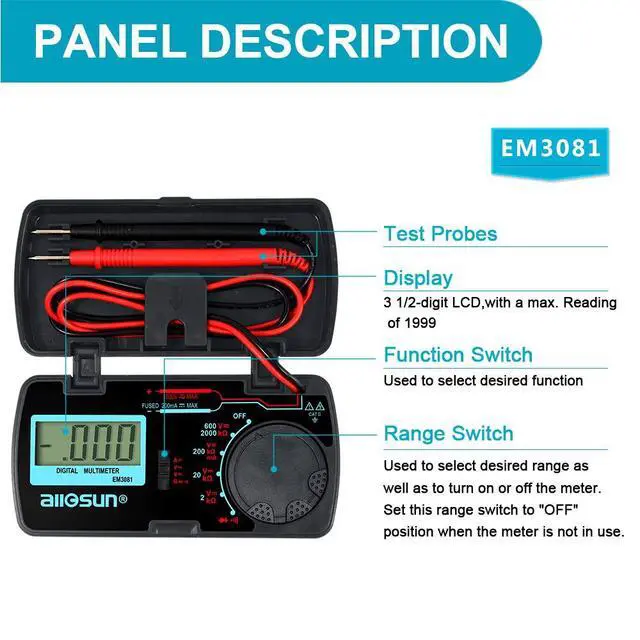 Alt view image 2 of 7 - Manual Range Mini Digital Multimeter 6 Functions Handheld Folding Voltmeter 3-1 2 Digit Pocket DMM DC/AC DC Ammeter Ohm Continuity Diode Tone Tester EM3081
