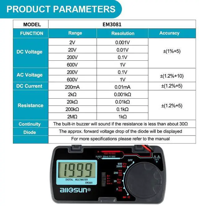 Alt view image 5 of 7 - Manual Range Mini Digital Multimeter 6 Functions Handheld Folding Voltmeter 3-1 2 Digit Pocket DMM DC/AC DC Ammeter Ohm Continuity Diode Tone Tester EM3081