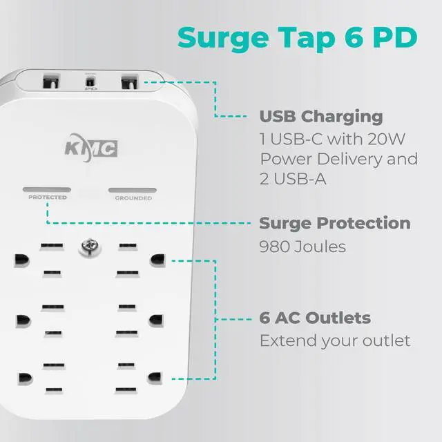 Alt view image 2 of 7 - 6-Outlet Extender USB-C PD Surge Protector Wall Tap, Multi-Plug USB Wall Charger, 2 USB-A Ports & USB-C 20W Power Delivery, High-Speed Phone Charger, 980J Surge Protection, UL/ETL Certified, White