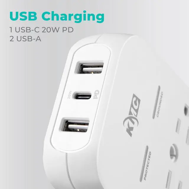 Alt view image 5 of 7 - 6-Outlet Extender USB-C PD Surge Protector Wall Tap, Multi-Plug USB Wall Charger, 2 USB-A Ports & USB-C 20W Power Delivery, High-Speed Phone Charger, 980J Surge Protection, UL/ETL Certified, White