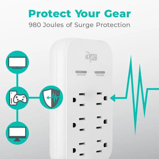 Alt view image 4 of 7 - 6-Outlet Extender USB-C PD Surge Protector Wall Tap, Multi-Plug USB Wall Charger, 2 USB-A Ports & USB-C 20W Power Delivery, High-Speed Phone Charger, 980J Surge Protection, UL/ETL Certified, White