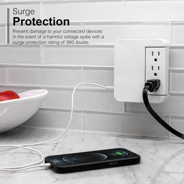 Alt view image 4 of 7 - Pro Side-Access Swivel Surge Protector, 5-Outlet Extender with 2 USB Ports, Wall Tap Adapter, Charging Station, 3-Prong, 560 Joules, 2.4 AMP/12 Watt, UL Listed, White, 39429