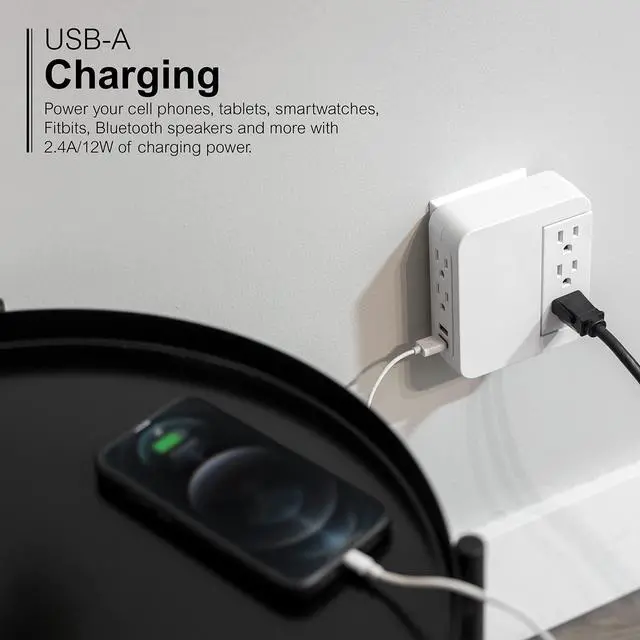 Alt view image 6 of 7 - Pro Side-Access Swivel Surge Protector, 5-Outlet Extender with 2 USB Ports, Wall Tap Adapter, Charging Station, 3-Prong, 560 Joules, 2.4 AMP/12 Watt, UL Listed, White, 39429