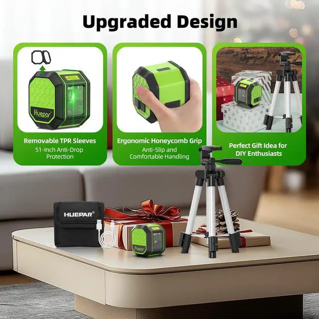 Alt view image 6 of 6 - Laser Level with 25.6in Tripod, Fathers Day Dad Gifts, 100Ft Self Leveling Laser Level Rechargeable Green Cross Line Laser Leveler Tool for Picture Hanging, Tile, Home Renovation, Carry Bag