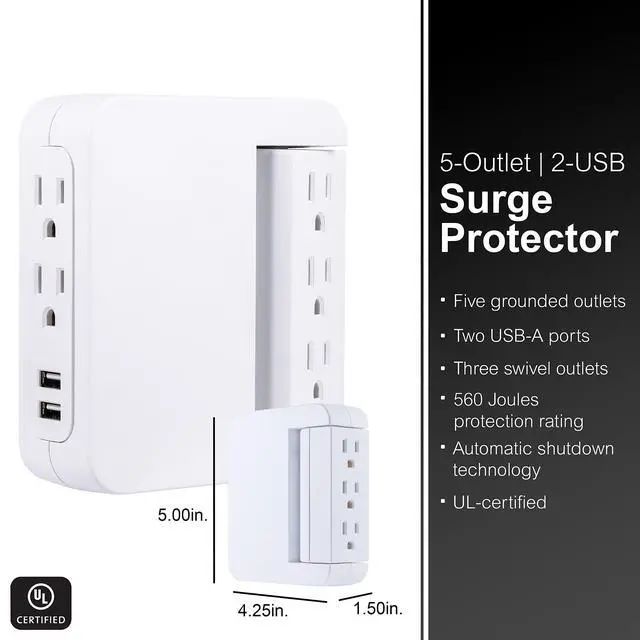 Alt view image 3 of 7 - Pro Side-Access Swivel Surge Protector, 5-Outlet Extender with 2 USB Ports, Wall Tap Adapter, Charging Station, 3-Prong, 560 Joules, 2.4 AMP/12 Watt, UL Listed, White, 39429