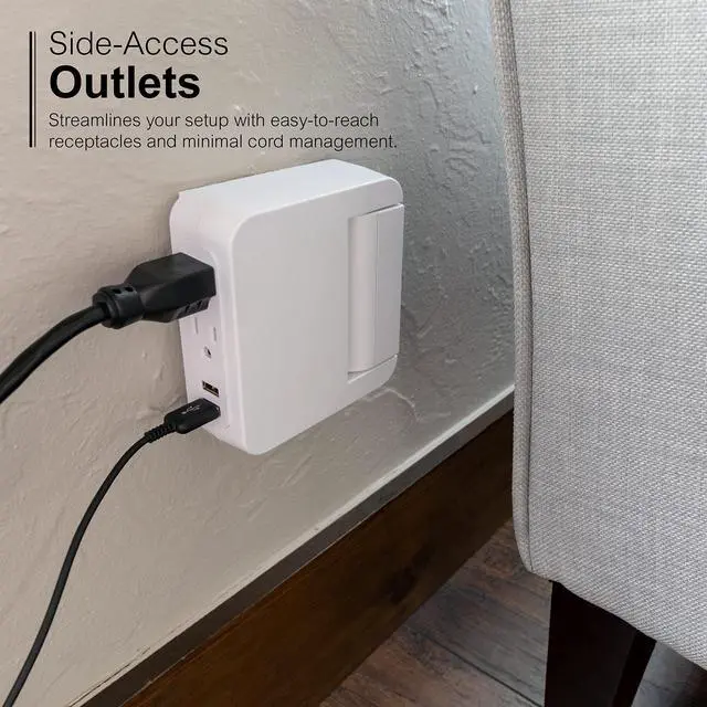 Alt view image 5 of 7 - Pro Side-Access Swivel Surge Protector, 5-Outlet Extender with 2 USB Ports, Wall Tap Adapter, Charging Station, 3-Prong, 560 Joules, 2.4 AMP/12 Watt, UL Listed, White, 39429