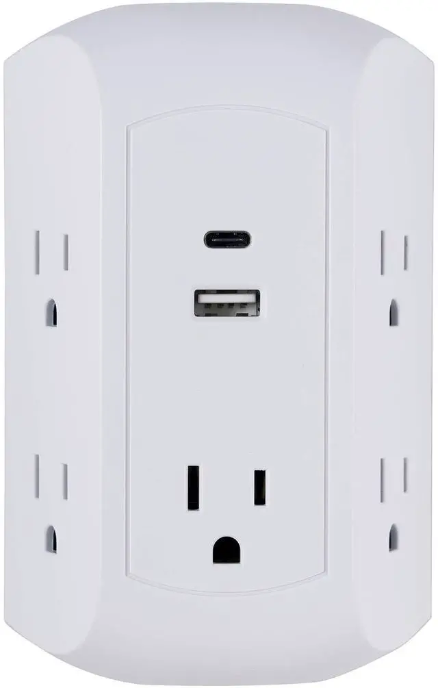 Main image of UltraPro 5-Outlet Extender with USB and USB-C Port, Surge Protector, Spaced Wall Tap, Side-Access, Charging Station, for iPhone/iPad/Samsung Galaxy/Google Pixel, 560 Joules, UL Listed, White, 43650