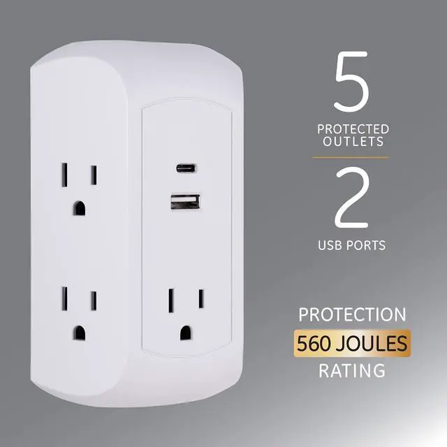 Alt view image 2 of 6 - UltraPro 5-Outlet Extender with USB and USB-C Port, Surge Protector, Spaced Wall Tap, Side-Access, Charging Station, for iPhone/iPad/Samsung Galaxy/Google Pixel, 560 Joules, UL Listed, White, 43650