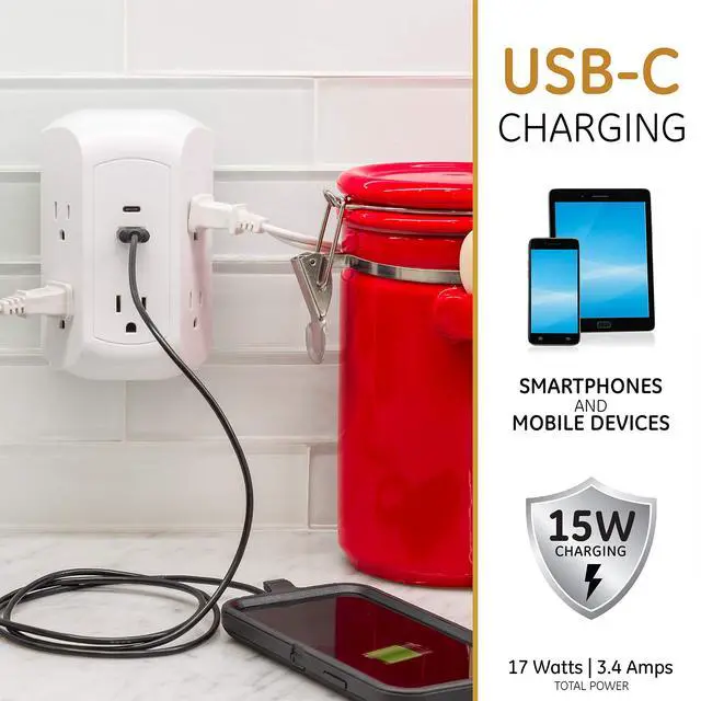 Alt view image 3 of 6 - UltraPro 5-Outlet Extender with USB and USB-C Port, Surge Protector, Spaced Wall Tap, Side-Access, Charging Station, for iPhone/iPad/Samsung Galaxy/Google Pixel, 560 Joules, UL Listed, White, 43650