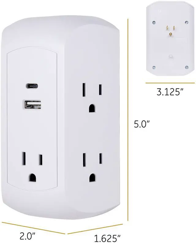 Alt view image 4 of 6 - UltraPro 5-Outlet Extender with USB and USB-C Port, Surge Protector, Spaced Wall Tap, Side-Access, Charging Station, for iPhone/iPad/Samsung Galaxy/Google Pixel, 560 Joules, UL Listed, White, 43650