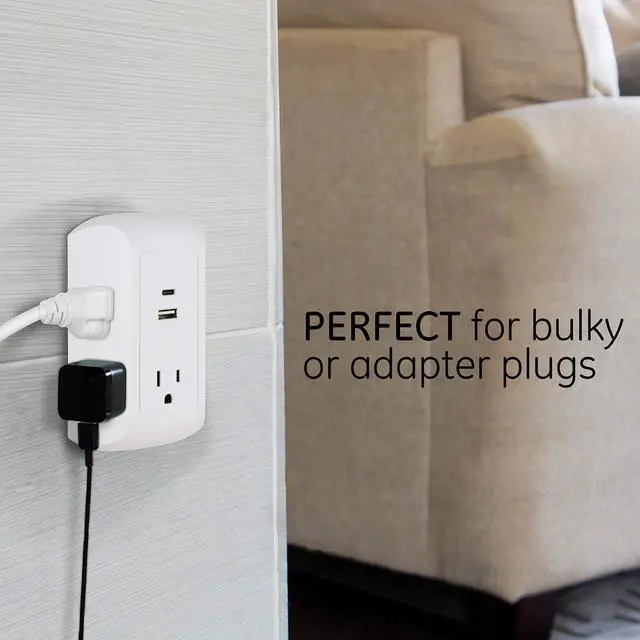 Alt view image 5 of 6 - UltraPro 5-Outlet Extender with USB and USB-C Port, Surge Protector, Spaced Wall Tap, Side-Access, Charging Station, for iPhone/iPad/Samsung Galaxy/Google Pixel, 560 Joules, UL Listed, White, 43650