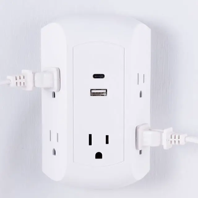 Alt view image 6 of 6 - UltraPro 5-Outlet Extender with USB and USB-C Port, Surge Protector, Spaced Wall Tap, Side-Access, Charging Station, for iPhone/iPad/Samsung Galaxy/Google Pixel, 560 Joules, UL Listed, White, 43650