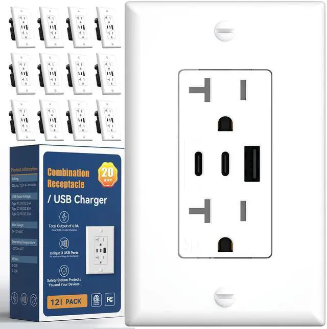 Main image of 6.0A USB Outlet 12 Pack, 3-Port 30W Wall Outlets with 2 Type C & 1 Type A, 20 Amp Receptacle Plug, Tamper Resistant Receptacle, Wall Plate Included, ETL Listed, White