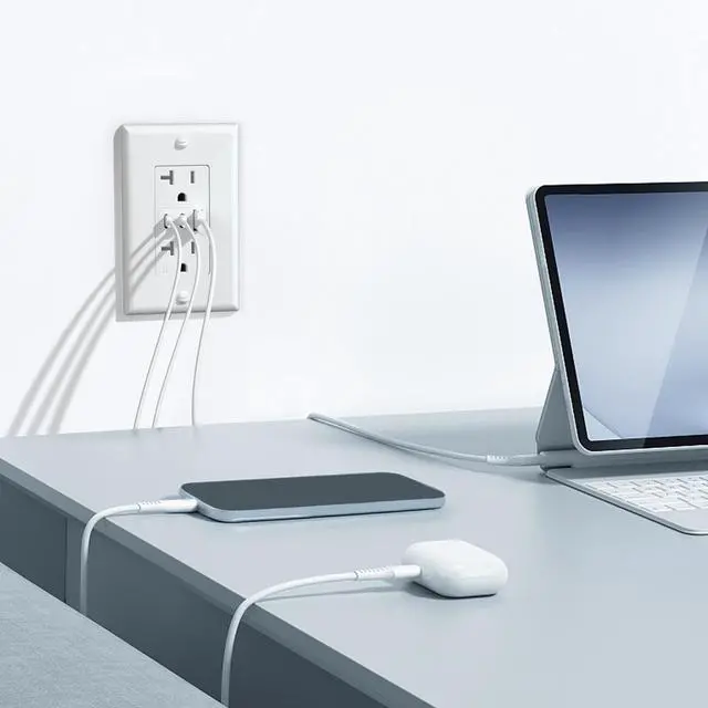 Alt view image 6 of 7 - 6.0A USB Outlet 12 Pack, 3-Port 30W Wall Outlets with 2 Type C & 1 Type A, 20 Amp Receptacle Plug, Tamper Resistant Receptacle, Wall Plate Included, ETL Listed, White