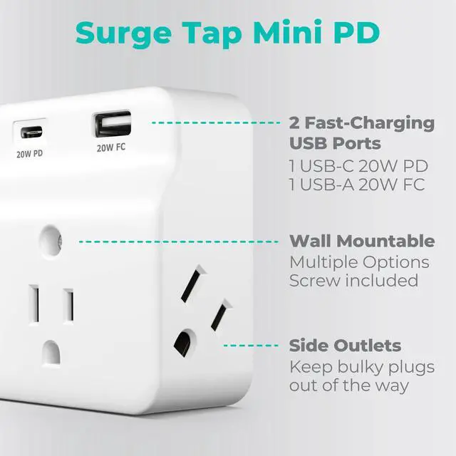 Alt view image 2 of 7 - USB-C PD Surge Protector 3-Outlet Wall Tap, USB-C Power Delivery Charger and USB-A Fast Charging Port, 500J Surge Protection, Wall Mountable Outlet Adapter for Home, Office, Dorm Essentials, White
