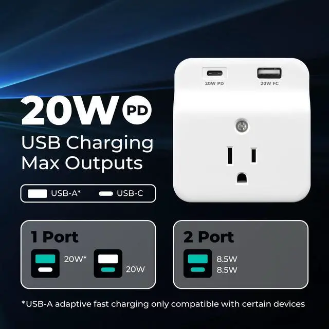 Alt view image 6 of 7 - USB-C PD Surge Protector 3-Outlet Wall Tap, USB-C Power Delivery Charger and USB-A Fast Charging Port, 500J Surge Protection, Wall Mountable Outlet Adapter for Home, Office, Dorm Essentials, White
