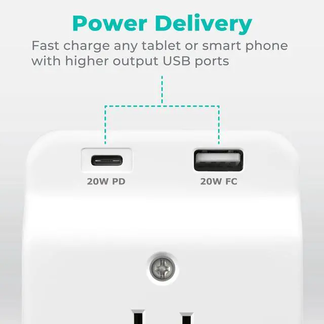 Alt view image 4 of 7 - USB-C PD Surge Protector 3-Outlet Wall Tap, USB-C Power Delivery Charger and USB-A Fast Charging Port, 500J Surge Protection, Wall Mountable Outlet Adapter for Home, Office, Dorm Essentials, White