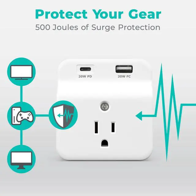 Alt view image 7 of 7 - USB-C PD Surge Protector 3-Outlet Wall Tap, USB-C Power Delivery Charger and USB-A Fast Charging Port, 500J Surge Protection, Wall Mountable Outlet Adapter for Home, Office, Dorm Essentials, White