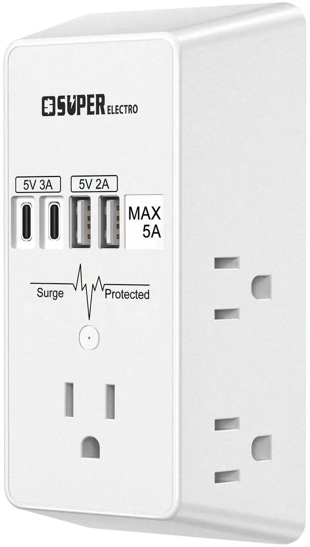 Main image of Outlet Extender, USB Wall Charger Surge Protector,5 Outlet Extender with 4 USB Charging Ports (5V 5A),3-Sided 1200J Power Strip Multi Plug Adapter for Home Travel,ETL Listed