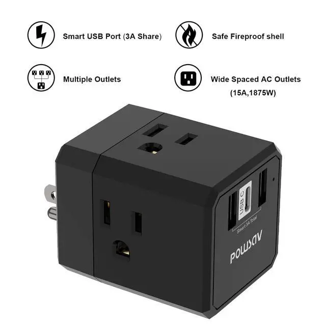 Alt view image 2 of 7 - Cruise Ship Essentials, 3-Side Outlet Splitter with 3 USB Ports(1 USB C) USB Wall Charger, Outlet Extender for Home, Office and Cruise, ETL Listed, Black