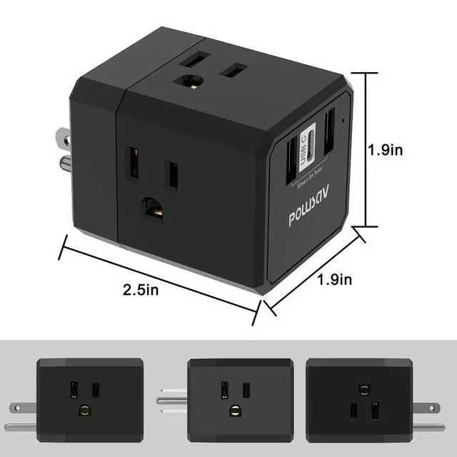 Alt view image 7 of 7 - Cruise Ship Essentials, 3-Side Outlet Splitter with 3 USB Ports(1 USB C) USB Wall Charger, Outlet Extender for Home, Office and Cruise, ETL Listed, Black