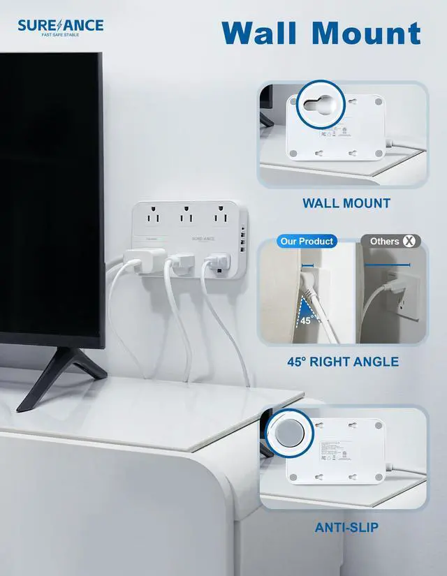 Alt view image 5 of 6 - 6-Outlet Power Strip with USB C - Surge Protector, 4 USB Ports, 1050J, 6FT Flat Plug Extension Cord, Wall Mountable, ETL Listed - Desktop Charging Station for Home, Office, Dorm Essentials