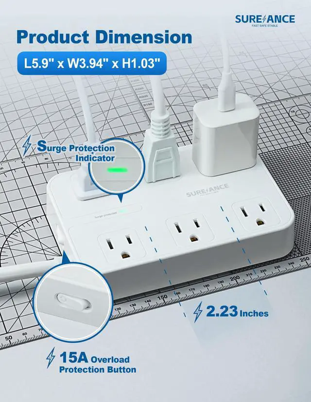 Alt view image 4 of 6 - 6-Outlet Power Strip with USB C - Surge Protector, 4 USB Ports, 1050J, 6FT Flat Plug Extension Cord, Wall Mountable, ETL Listed - Desktop Charging Station for Home, Office, Dorm Essentials