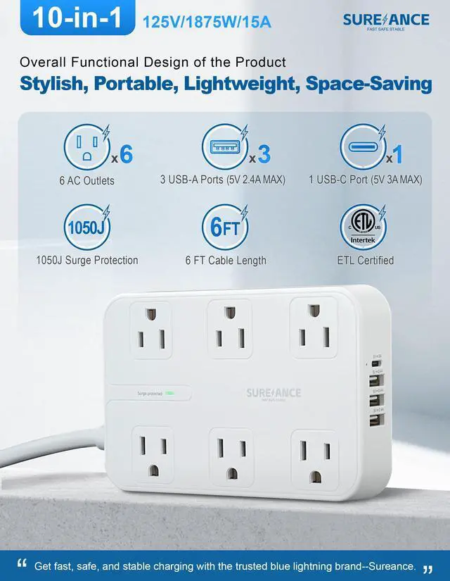 Alt view image 2 of 6 - 6-Outlet Power Strip with USB C - Surge Protector, 4 USB Ports, 1050J, 6FT Flat Plug Extension Cord, Wall Mountable, ETL Listed - Desktop Charging Station for Home, Office, Dorm Essentials