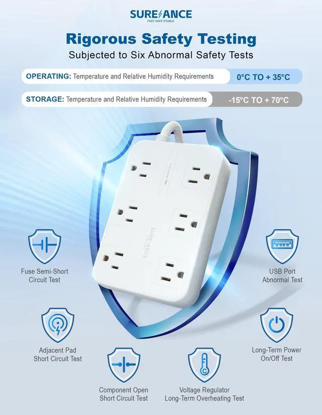 Alt view image 6 of 6 - 6-Outlet Power Strip with USB C - Surge Protector, 4 USB Ports, 1050J, 6FT Flat Plug Extension Cord, Wall Mountable, ETL Listed - Desktop Charging Station for Home, Office, Dorm Essentials