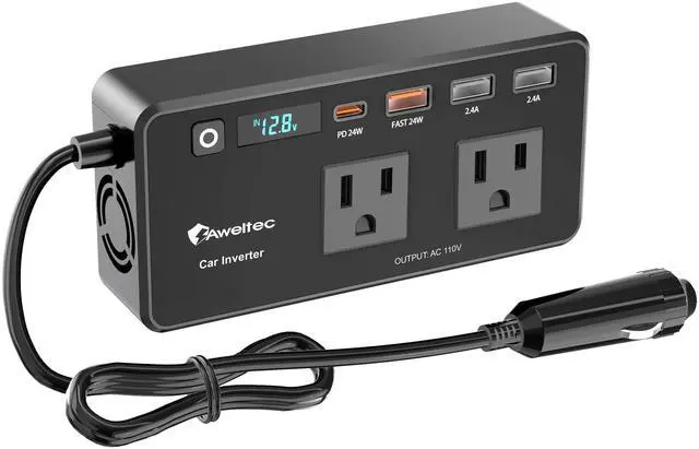 Main image of 200W Power Inverter for Car DC 12V to 110V AC Converter with LED Display & 4 USB Ports (24W PD USB-C) Compact Vehicle Adapter for Laptop, Tablet, Phone Road Trip Essential