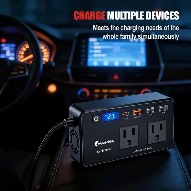 Alt view image 4 of 7 - 200W Power Inverter for Car DC 12V to 110V AC Converter with LED Display & 4 USB Ports (24W PD USB-C) Compact Vehicle Adapter for Laptop, Tablet, Phone Road Trip Essential
