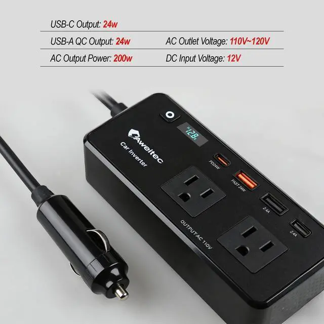 Alt view image 7 of 7 - 200W Power Inverter for Car DC 12V to 110V AC Converter with LED Display & 4 USB Ports (24W PD USB-C) Compact Vehicle Adapter for Laptop, Tablet, Phone Road Trip Essential