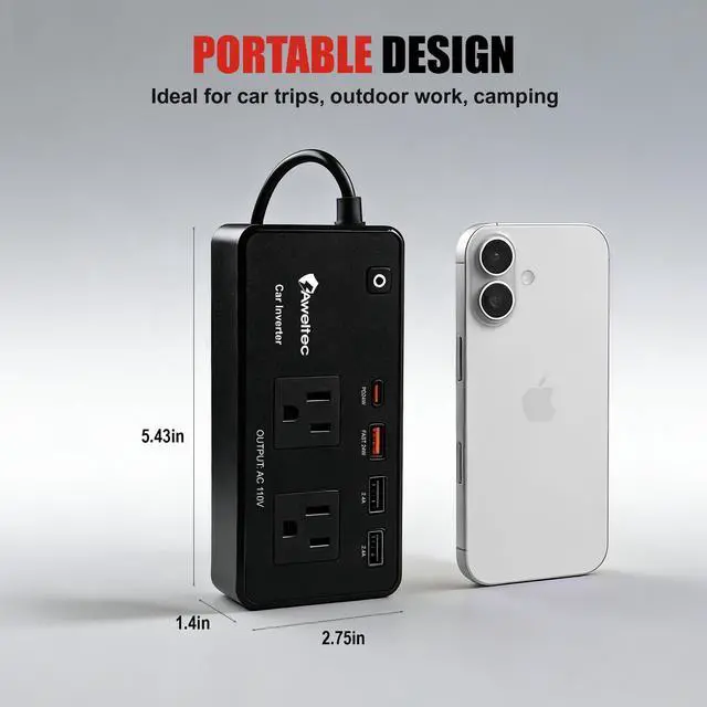 Alt view image 5 of 7 - 200W Power Inverter for Car DC 12V to 110V AC Converter with LED Display & 4 USB Ports (24W PD USB-C) Compact Vehicle Adapter for Laptop, Tablet, Phone Road Trip Essential