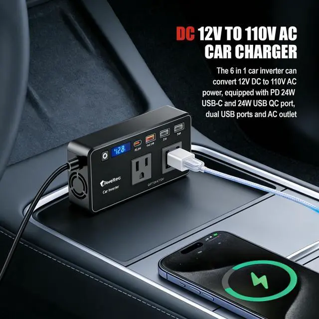 Alt view image 2 of 7 - 200W Power Inverter for Car DC 12V to 110V AC Converter with LED Display & 4 USB Ports (24W PD USB-C) Compact Vehicle Adapter for Laptop, Tablet, Phone Road Trip Essential