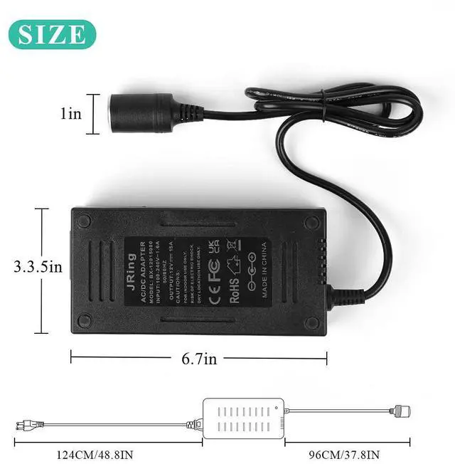 Alt view image 2 of 7 - AC to DC Converter, JRing 110-220V to 12V 15A 180W Car Cigarette Lighter Socket Power Adapter for Car Refrigerator Car Vacuum Tire Inflator and Other Car Devices