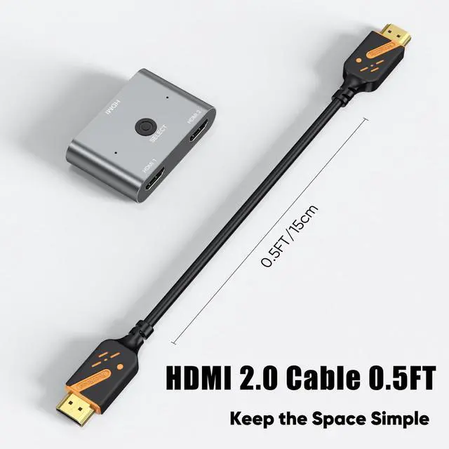 Alt view image 5 of 7 - 4K HDMI Cable 0.5FT 2-Pack, 6 Inch High Speed 18Gbps HDMI 2.0 Cord, Support 4K@60Hz / 2K@144Hz, HDR10, Dolby, ARC, HDCP 2.2 for TV, Monitor, PC, Laptop, HDMI Switch, HDMI Splitter, KVM, Projector
