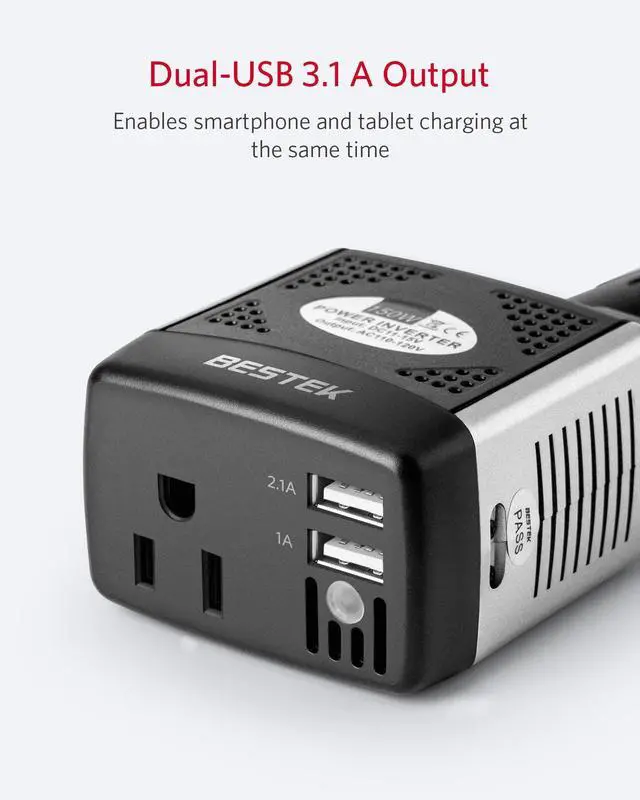 Alt view image 2 of 7 - 150W Power Inverter 12V to 110V Voltage Converter Car Charger Power Adapter with 3.1A Dual USB Charging Ports, Rotatable Plug & Safety Protection for Road Trip, Camping, Laptop