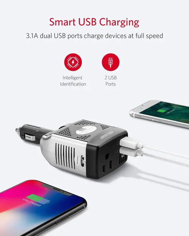 Alt view image 3 of 7 - 150W Power Inverter 12V to 110V Voltage Converter Car Charger Power Adapter with 3.1A Dual USB Charging Ports, Rotatable Plug & Safety Protection for Road Trip, Camping, Laptop