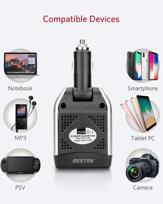 Alt view image 5 of 7 - 150W Power Inverter 12V to 110V Voltage Converter Car Charger Power Adapter with 3.1A Dual USB Charging Ports, Rotatable Plug & Safety Protection for Road Trip, Camping, Laptop
