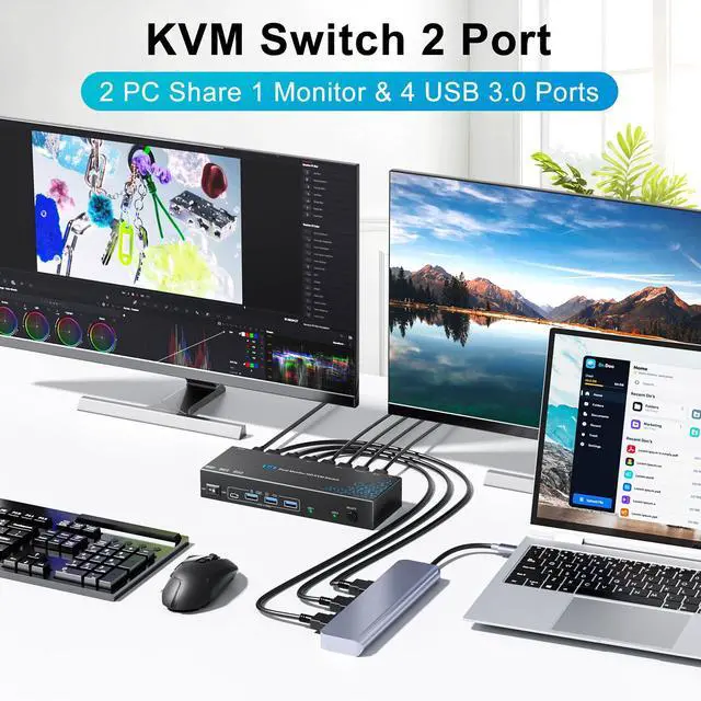 Alt view image 2 of 7 - KVM Switch 2 Computers 2 Monitors HDMI, 8K 60Hz 4K120Hz 2 Port Dual Monitor KVM Switches for 2 PC Share 2 Display and Four USB 3.0 Devices