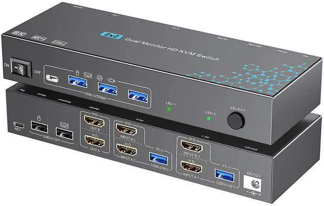 Main image of KVM Switch 2 Computers 2 Monitors HDMI, 8K 60Hz 4K120Hz 2 Port Dual Monitor KVM Switches for 2 PC Share 2 Display and Four USB 3.0 Devices