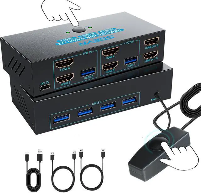 Main image of HDMI KVM Switch Dual Monitors, 4K@60Hz KVM Switch 2 Monitors 2 Computers with 4 USB 3.0 Ports Share 2 Monitors and USB Devices, Support Wired Remote and Button Switch, Sharing Keyboard& Mouse