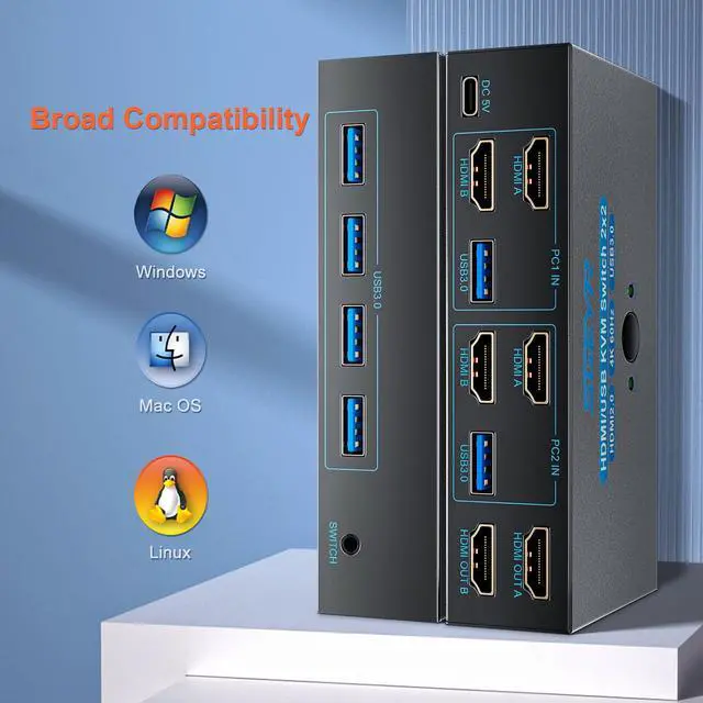 Alt view image 6 of 7 - HDMI KVM Switch Dual Monitors, 4K@60Hz KVM Switch 2 Monitors 2 Computers with 4 USB 3.0 Ports Share 2 Monitors and USB Devices, Support Wired Remote and Button Switch, Sharing Keyboard& Mouse