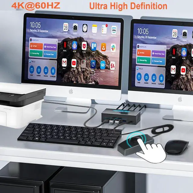 Alt view image 5 of 7 - HDMI KVM Switch Dual Monitors, 4K@60Hz KVM Switch 2 Monitors 2 Computers with 4 USB 3.0 Ports Share 2 Monitors and USB Devices, Support Wired Remote and Button Switch, Sharing Keyboard& Mouse