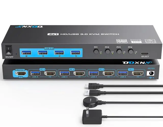 Main image of 4K HDMI KVM Switch 4 Computers 1 Monitor, 4 Port KVM Switch EDID Function Share 4 USB 3.0 Ports for Use with Keyboard Mouse Printer, Included Wired Remote, Power Adapter, HDMI Cable, USB Cable
