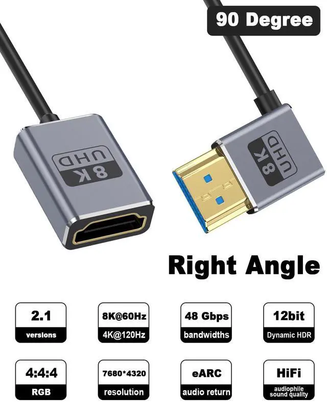 Alt view image 2 of 7 - 8K Right Angle HDMI Extension Cable 1FT, Ultra Thin Coaxial 90 Degree HDMI Male to Female Cable (48Gbps, 8K@60Hz, 4K@240Hz) Support Dynamic HDR, eARC, for GH5S, PS5, PC