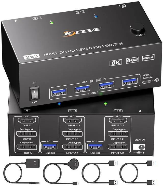 Main image of KVM Switch 3 Monitors 2 Computers 8K@60Hz,Triple Monitor KVM Switch for Running Two Computers Across 3 Monitors, Sharing 4 USB 3.0 Devices, with Wired Remote & USB Cable