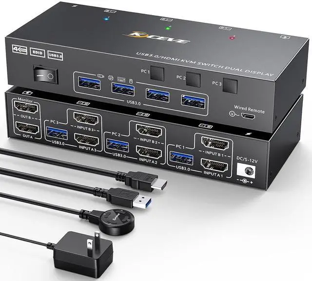 Main image of KVM Switch 3 Computers 2 Monitors, HDMI2.1 KVM Support 4K@60Hz 2K@144Hz USB 3.0, KVM Switches Share 2 Monitors and 4 USB 3.0 Ports, Support EDID Emulator for Work Station