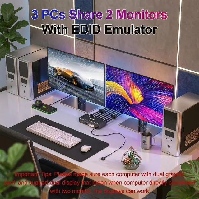 Alt view image 6 of 7 - KVM Switch 3 Computers 2 Monitors, HDMI2.1 KVM Support 4K@60Hz 2K@144Hz USB 3.0, KVM Switches Share 2 Monitors and 4 USB 3.0 Ports, Support EDID Emulator for Work Station
